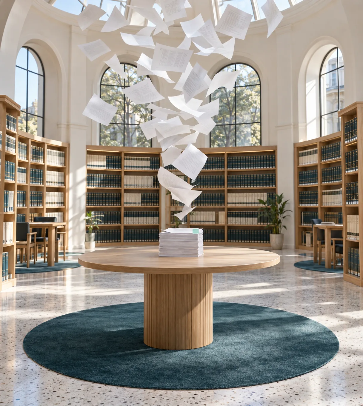Una biblioteca circular donde las hojas de los expedientes caen en remolino y se apilan sobre una mesa redonda
