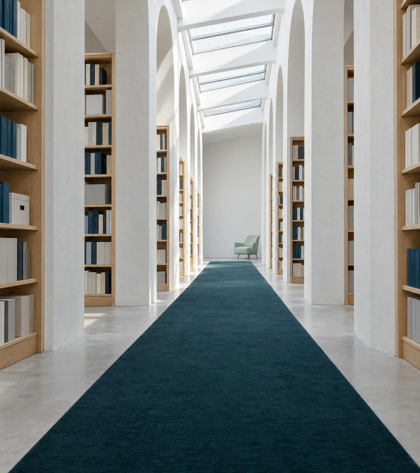 Una galería luminosa de biblioteca con estantes de roble y un sillón al fondo