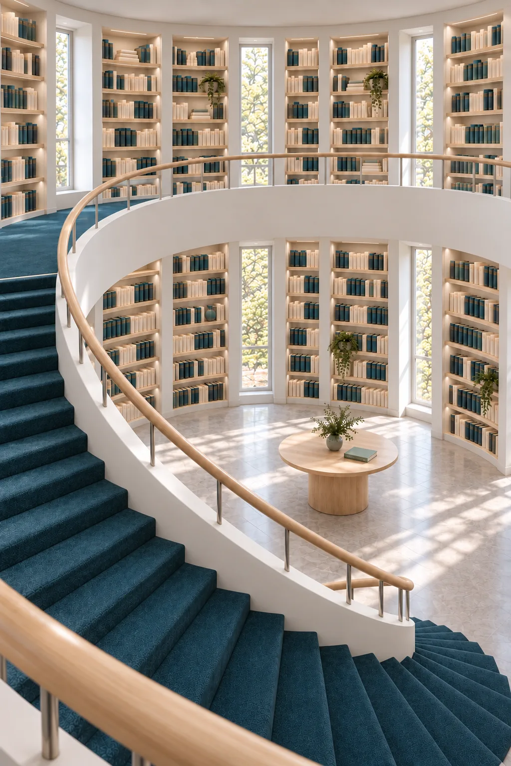 Una biblioteca circular luminosa, con una escalera de alfombra petróleo y una mesa redonda en el centro